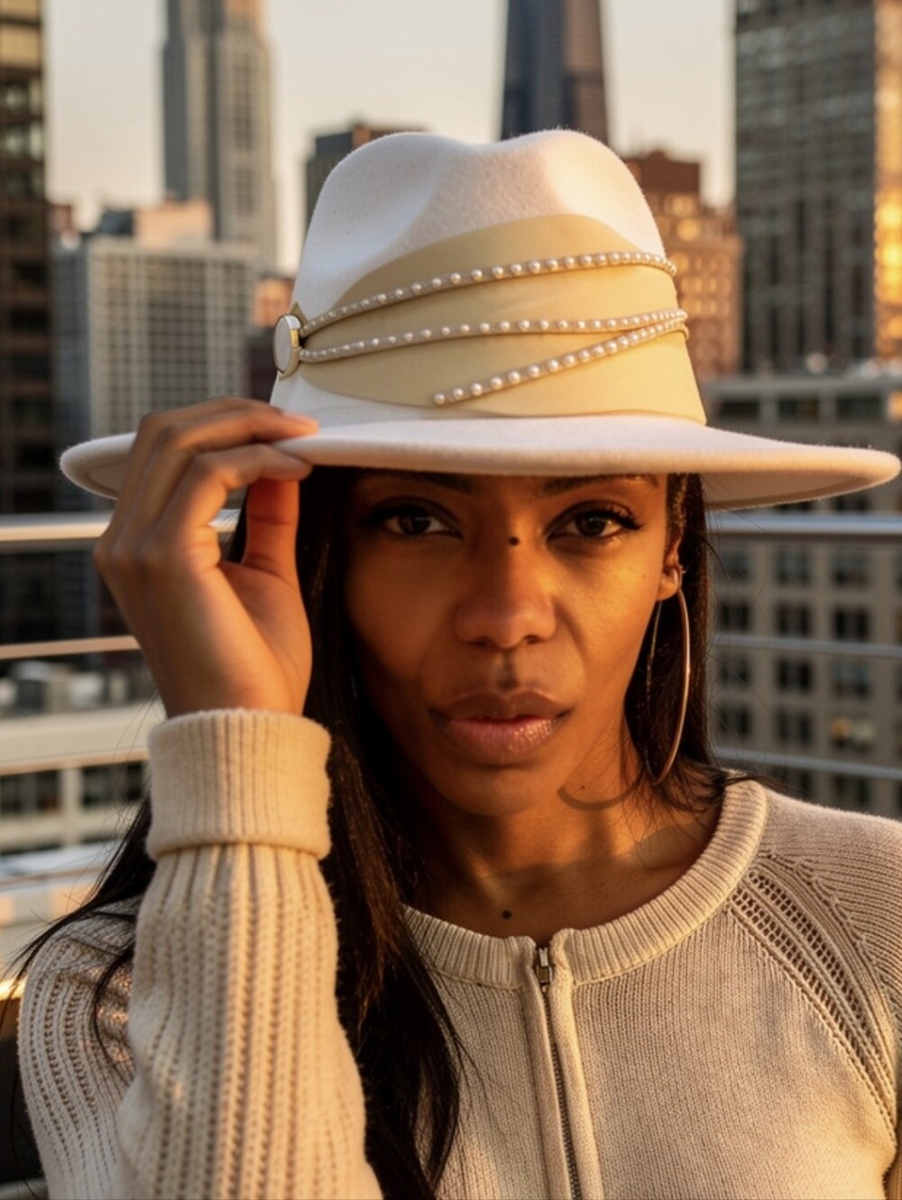 New No Tags Wide Brim Cream Fedora w/ Studded Leather Band One Sz. Hand Made